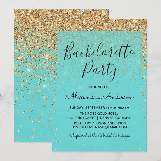 Invitation Turquoise Blue Girl Parties scintillant Sparkle Ba (Devant / Derrière)