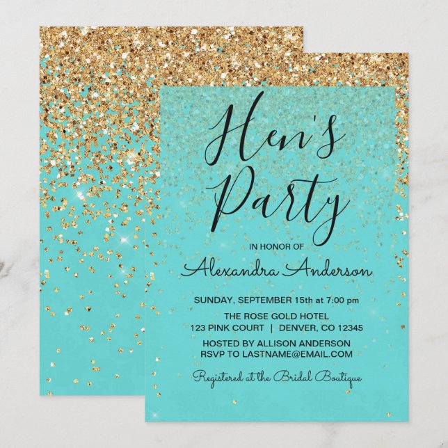 Invitation Turquoise Blue Girly Parties scintillant Sparkle H (Devant / Derrière)