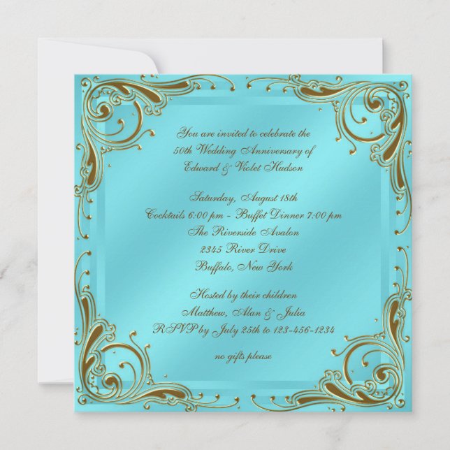 Invitation Turquoise Blue Gold 50e fête d'anniversaire Mariag (Devant)