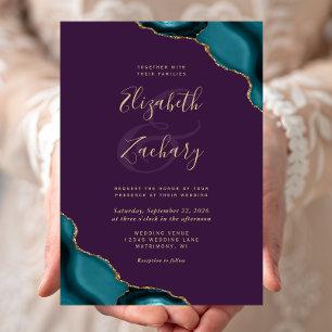 Invitation Turquoise Blue Gold Agate Corners Purple Mariage