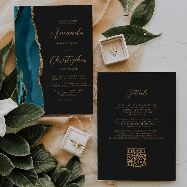 Invitation Turquoise Blue Gold Agate Dark QR Code Mariage (Créateur téléchargé)