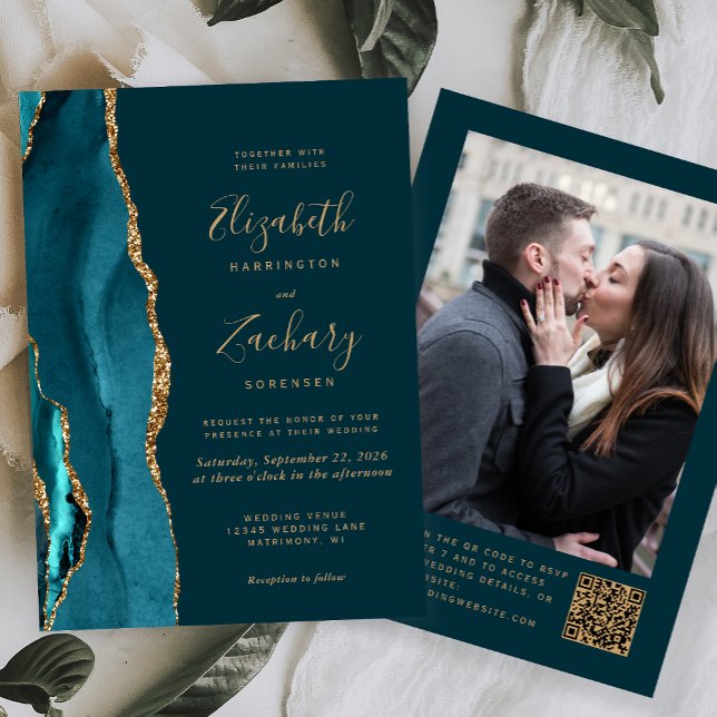 Invitation Turquoise Blue Gold Agate photo QR Code Mariage (Créateur téléchargé)