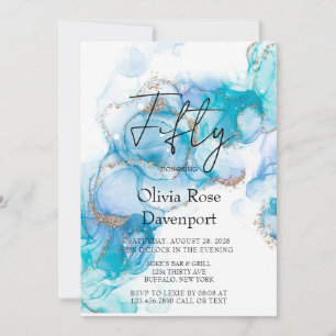 Invitation Turquoise Blue & Gold Alcohol Ink 50e fête d'anniv