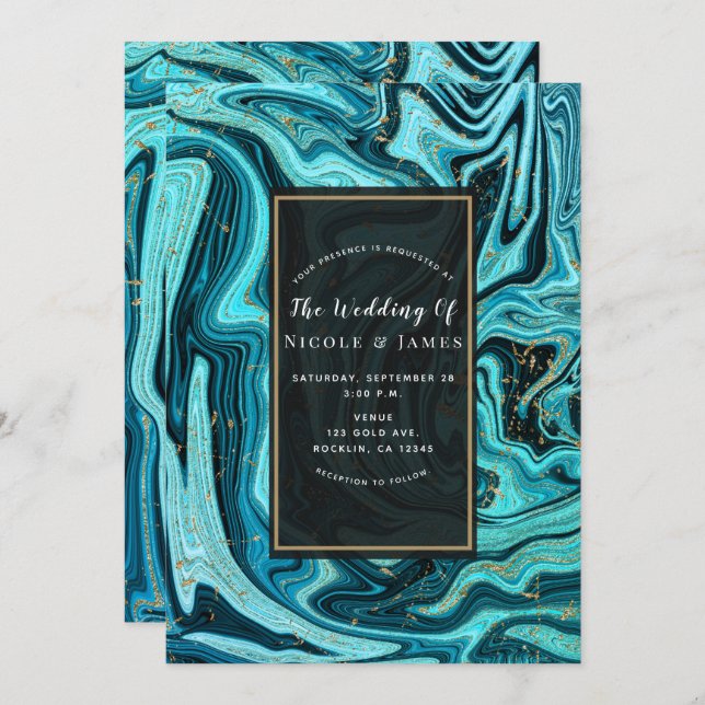Invitation Turquoise Blue & Gold Chic Swirl Mariage moderne (Devant / Derrière)