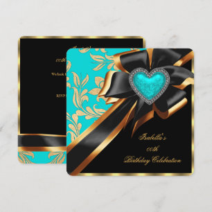 Invitation Turquoise Blue Gold Coeur Bow Noir fête d'annivers