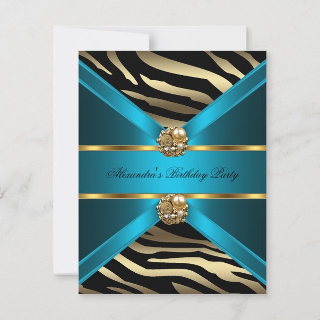 Invitation Turquoise Blue Gold Elegant Zebra Black Birthday P (Devant)