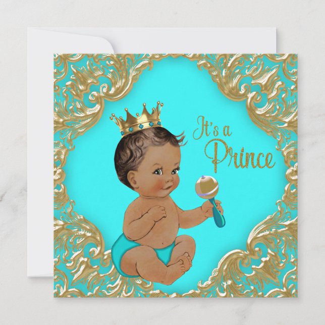 Invitation Turquoise Blue Gold Ethnic Prince Baby shower (Devant)