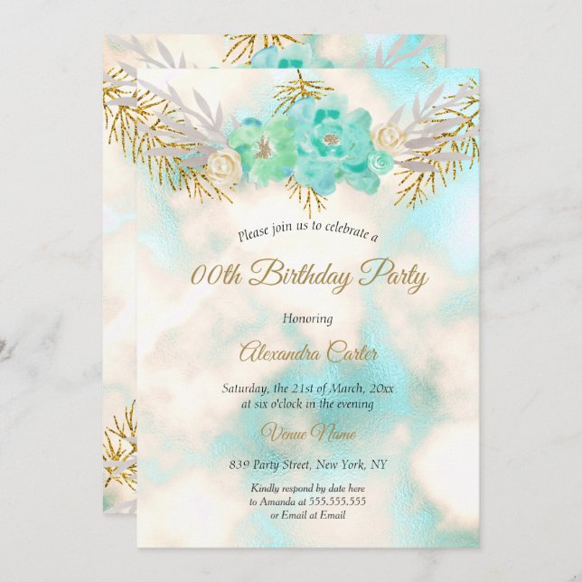 Invitation Turquoise Blue Gold Floral Aquarelle fête d'annive (Devant / Derrière)