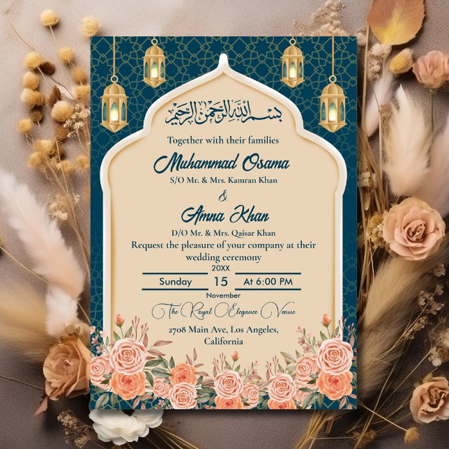 Invitation Turquoise Blue Gold Floral musulman musulman Maria (Créateur téléchargé)