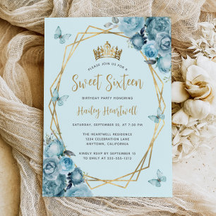 Invitation Turquoise Blue Gold Géométrique Floral Sweet 16