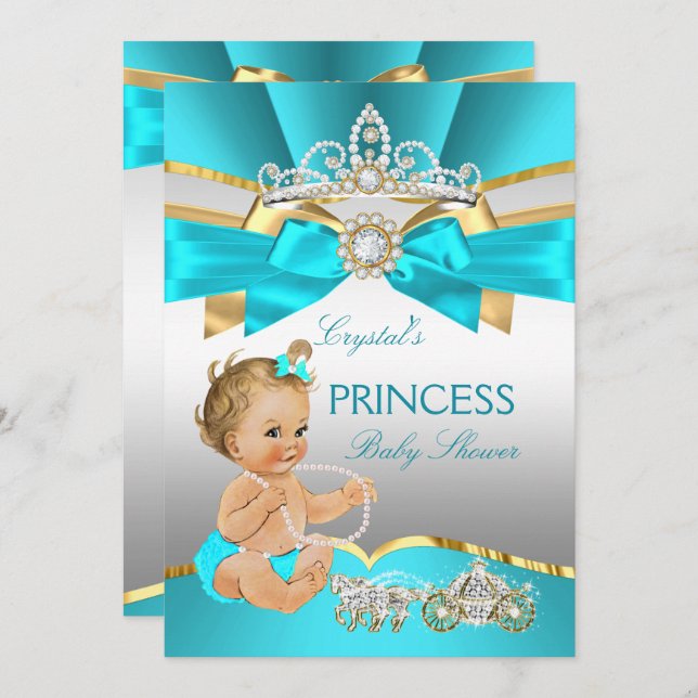 Invitation Turquoise Blue Gold Princess Baby shower Blonde (Devant / Derrière)