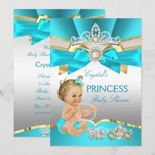 Invitation Turquoise Blue Gold Princess Baby shower Blonde