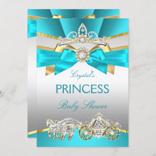 Invitation Turquoise Blue Gold Princess Baby shower Carriage