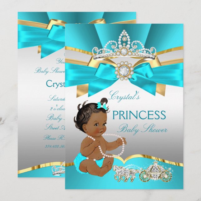 Invitation Turquoise Blue Gold Princess Baby shower ethnique (Devant / Derrière)