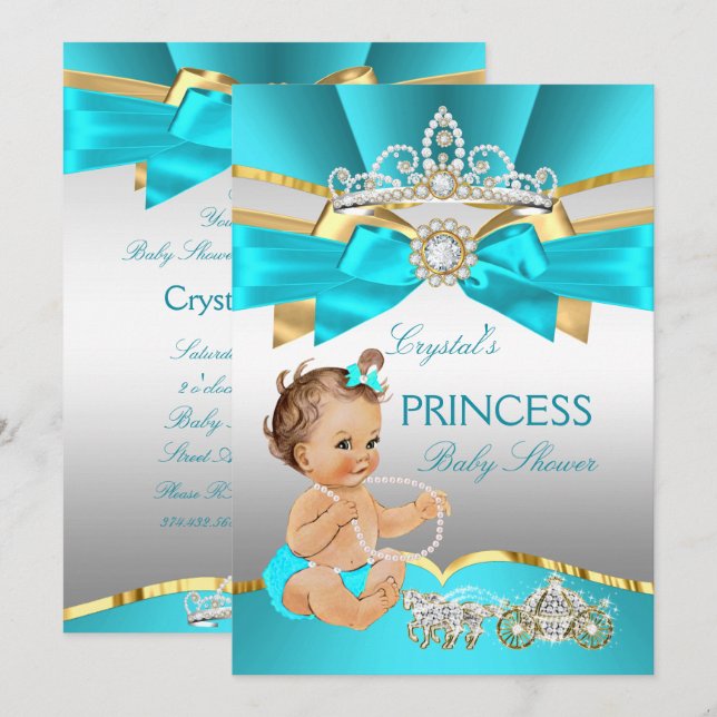 Invitation Turquoise Blue Gold Princesse Baby shower Brunette (Devant / Derrière)