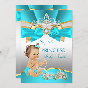 Invitation Turquoise Blue Gold Princesse Baby shower Brunette