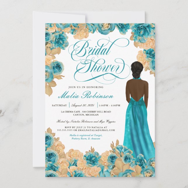 Invitation Turquoise Blue & Gold Roses Elegant Gown Fête des  (Devant)