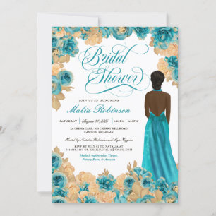 Invitation Turquoise Blue & Gold Roses Elegant Gown Fête des 