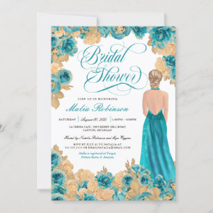 Invitation Turquoise Blue & Gold Roses Elegant Gown Fête des