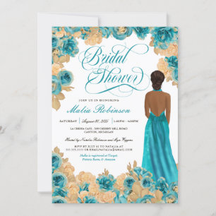 Invitation Turquoise Blue & Gold Roses Elegant Gown Fête des 