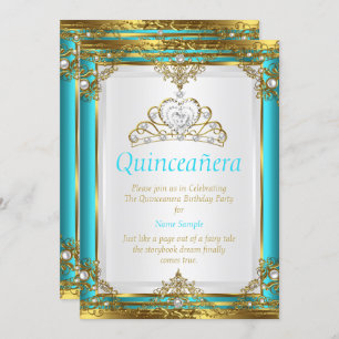 Invitation Turquoise Blue Gold White Pearl Princesse Quincean