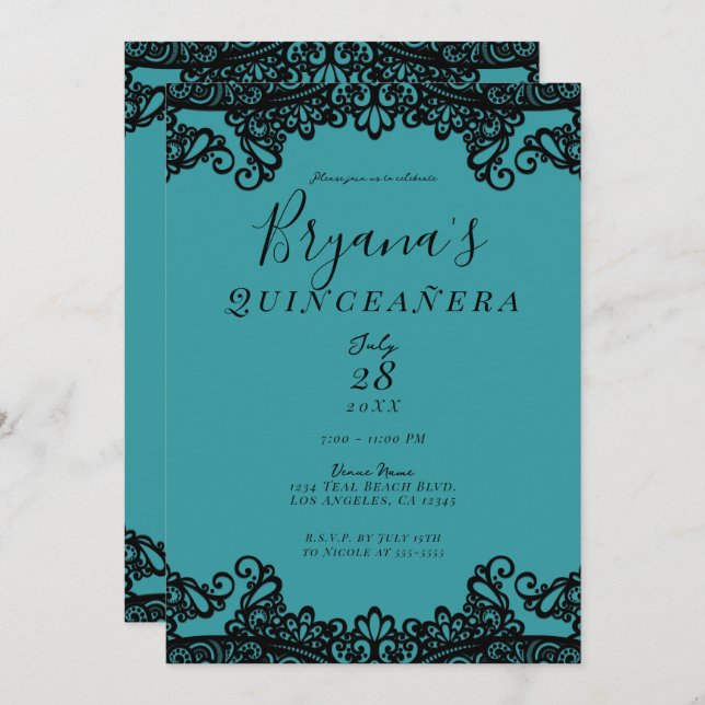 Invitation Turquoise Blue Green Black Lace 15ème Quinceañera  (Devant / Derrière)