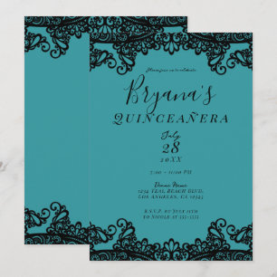 Invitation Turquoise Blue Green Black Lace 15ème Quinceañera 