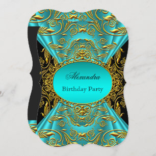 Invitation Turquoise Blue Green Jade Black Floral fête d'anni