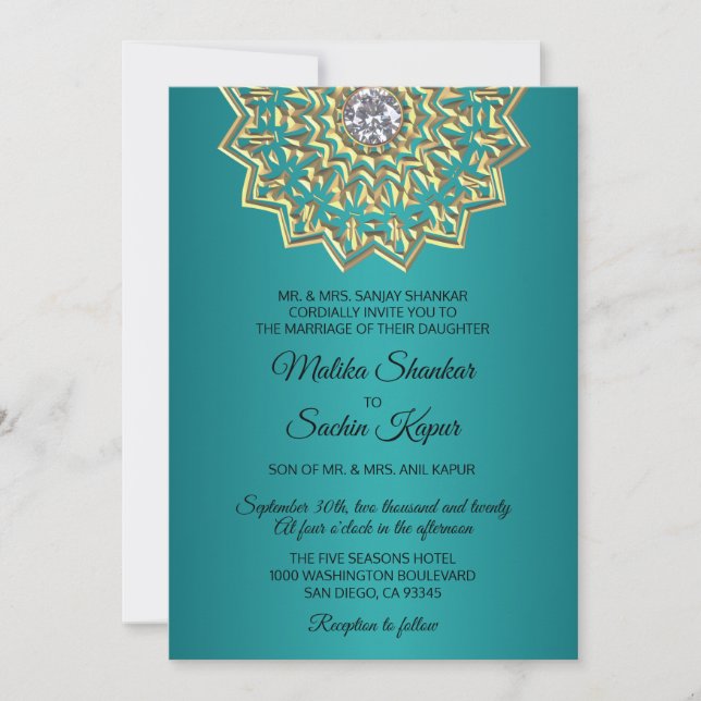 Invitation Turquoise Blue Green Mandala Gold Mariage indien (Devant)