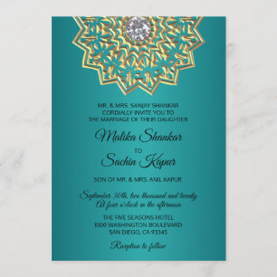Invitation Turquoise Blue Green Mandala Gold Mariage indien