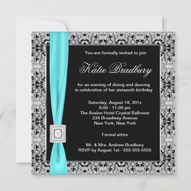 Invitation Turquoise Blue Lace Black Sweet sixteen Party (Devant)