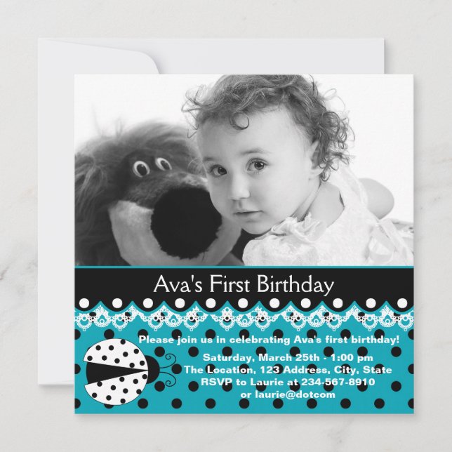 Invitation Turquoise Blue Ladybug Girls Photo 1er Anniversair (Devant)