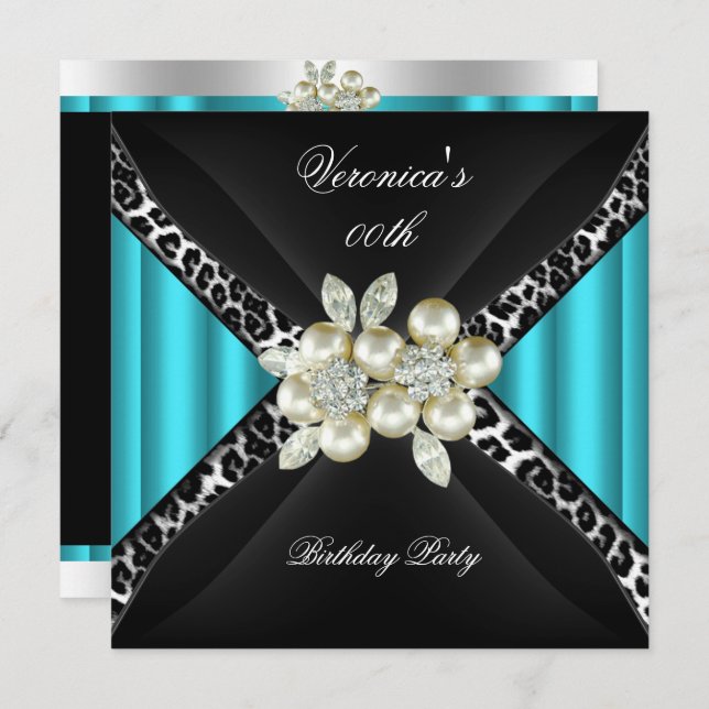 Invitation Turquoise Blue Leopard Pearl Diamond fête d'annive (Devant / Derrière)