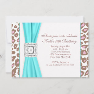 Invitation Turquoise Blue Leopard Sweet sixteen Anniversaire