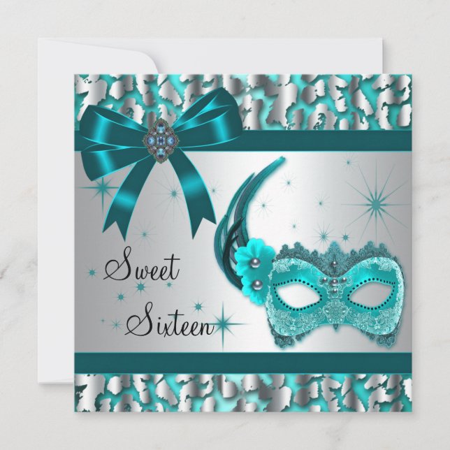 Invitation Turquoise Blue Leopard Sweet sixteen Masquerade Pa (Devant)