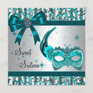 Invitation Turquoise Blue Leopard Sweet sixteen Masquerade Pa
