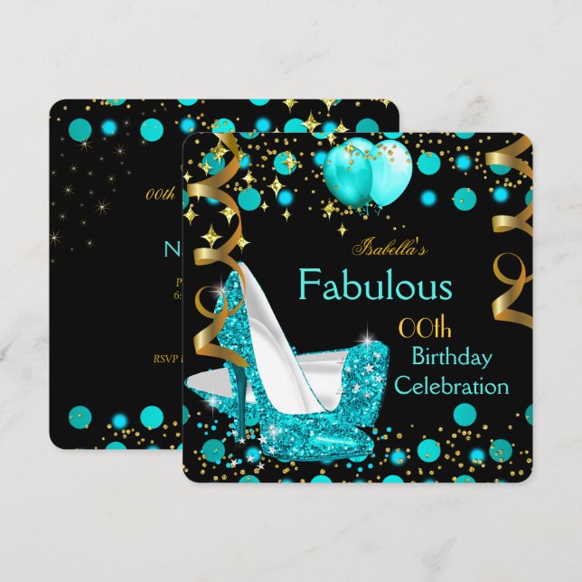 Invitation Turquoise Blue Lights High Heures Gold Anniversair (Devant / Derrière)