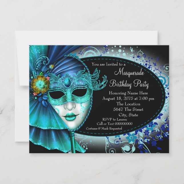 Invitation Turquoise Blue Midnight Masquerade Party (Devant)
