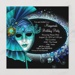 Invitation Turquoise Blue Midnight Masquerade Party