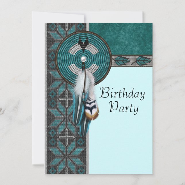 Invitation Turquoise Blue Native American Birthday Party (Devant)