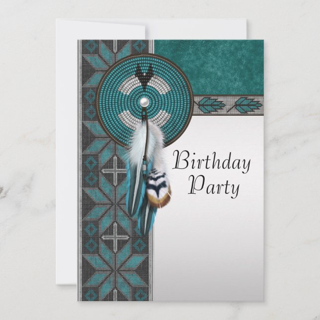 Invitation Turquoise Blue Native American Birthday Party (Devant)