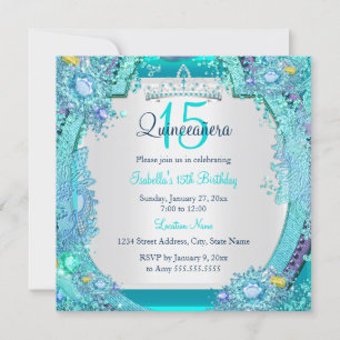Invitation Turquoise Blue Ocean Gems Quinceanera Photo Annive