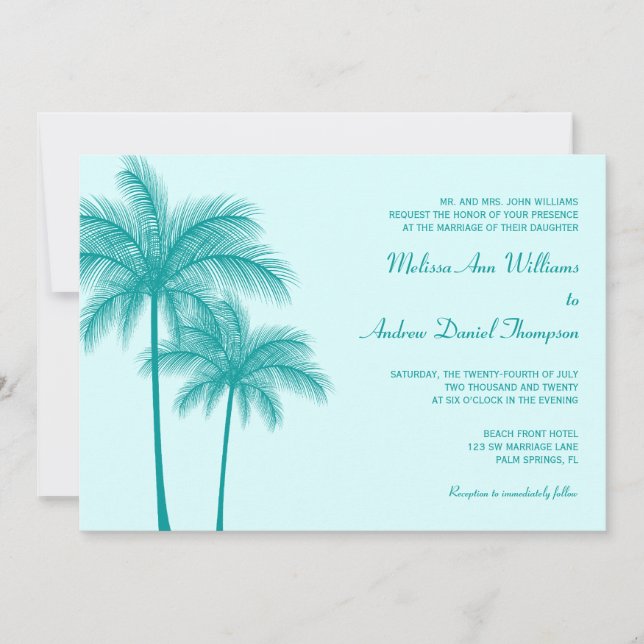 Invitation Turquoise Blue Palm Tree Tropical Mariage (Devant)