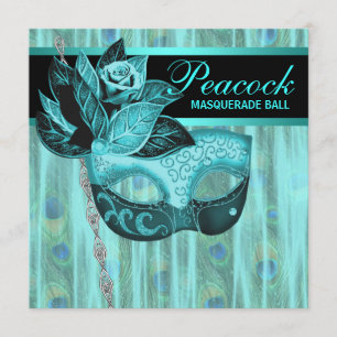 Invitation Turquoise Blue Peacock Masquerade Party