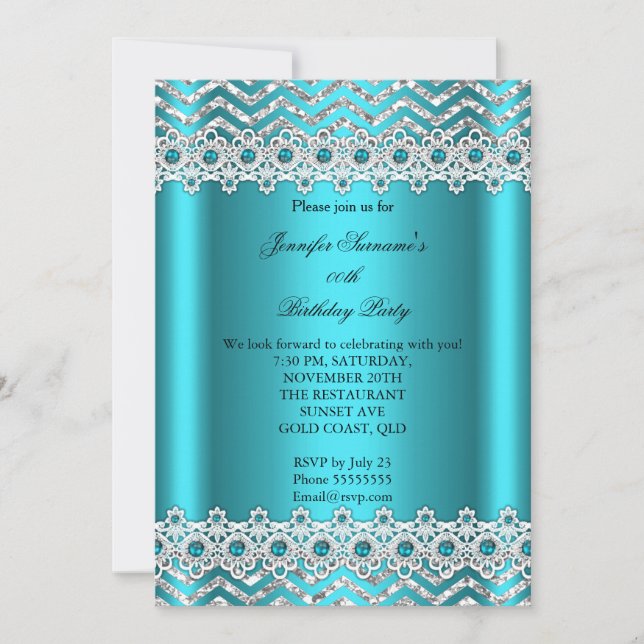 Invitation Turquoise Blue Pearl Chevron Soie fête d'anniversa (Devant)
