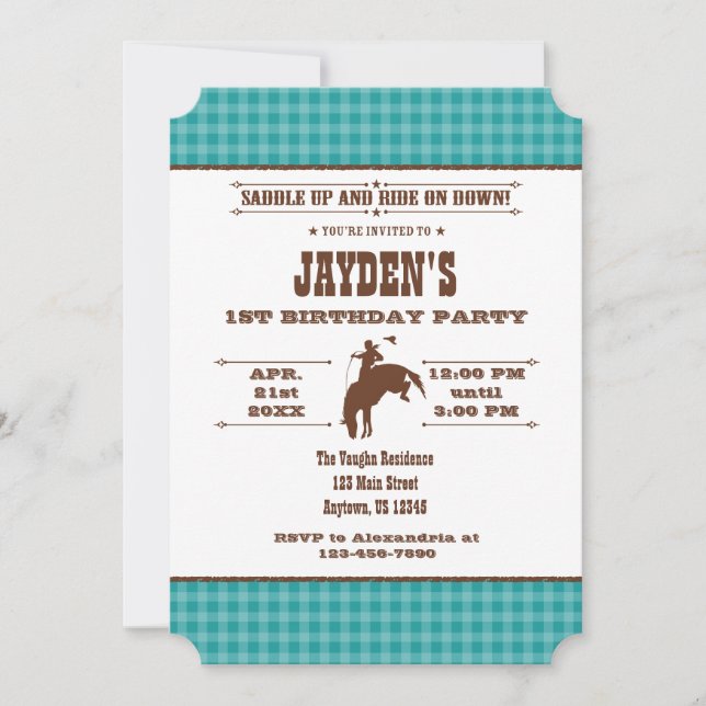 Invitation Turquoise Blue Plaid Cowboy Rodeo Anniversaire Inv (Devant)