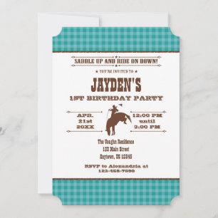 Invitation Turquoise Blue Plaid Cowboy Rodeo Anniversaire Inv