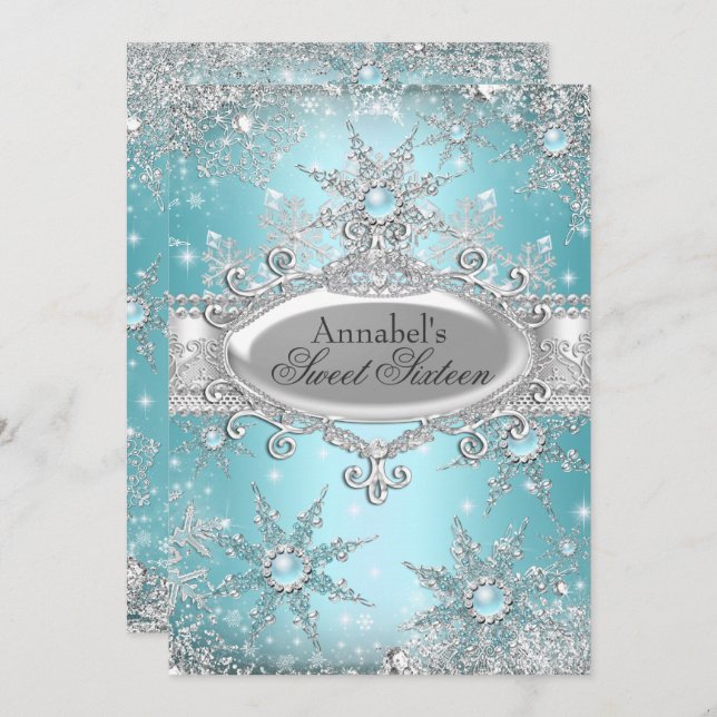 Invitation Turquoise Blue Princess Winter Wonderland Sweet 16 (Devant / Derrière)