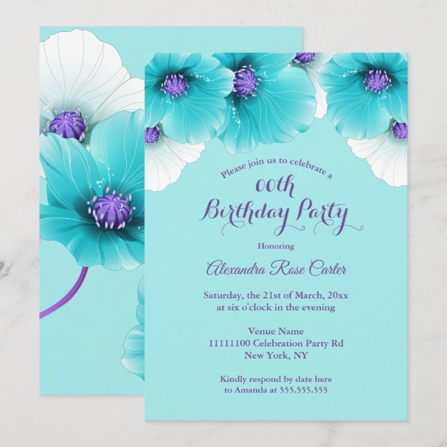 Invitation Turquoise Blue Purple Poppies floral Anniversaire  (Devant / Derrière)