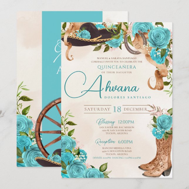 Invitation Turquoise Blue Quinceanera Charro Rose occidental (Devant / Derrière)